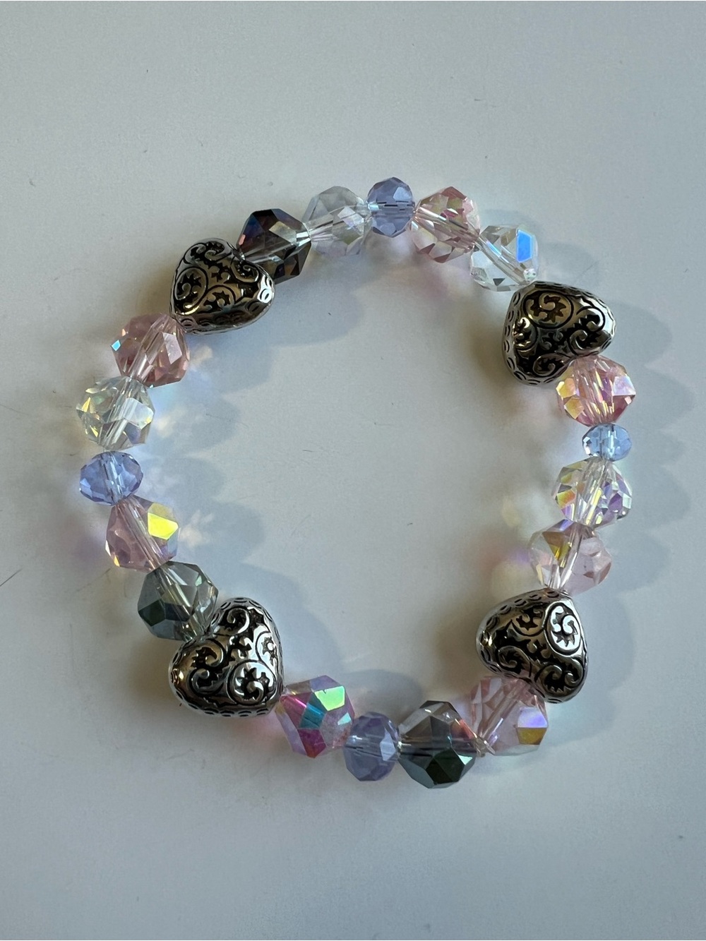 Iridescent Crystal Heart Stretch Bracelet - Pink & Silver Handcrafted - Picture 2 of 3